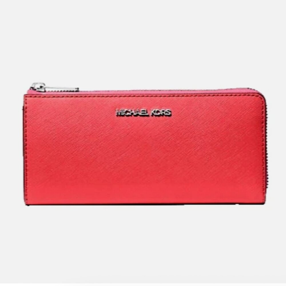 New Michael Kors Jet Set Travel Large Leather Quarter-Zip Wallet Hibiscus